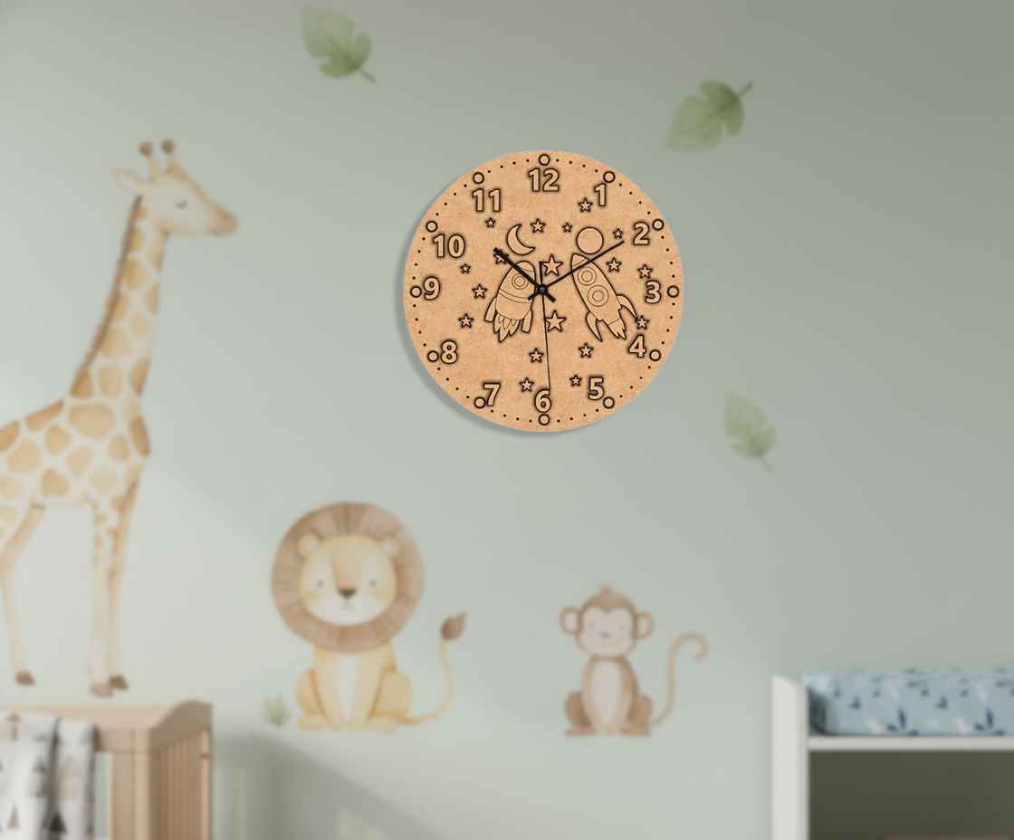 MDF DIY wall clock with animal designs on a wall with animal wall decals.