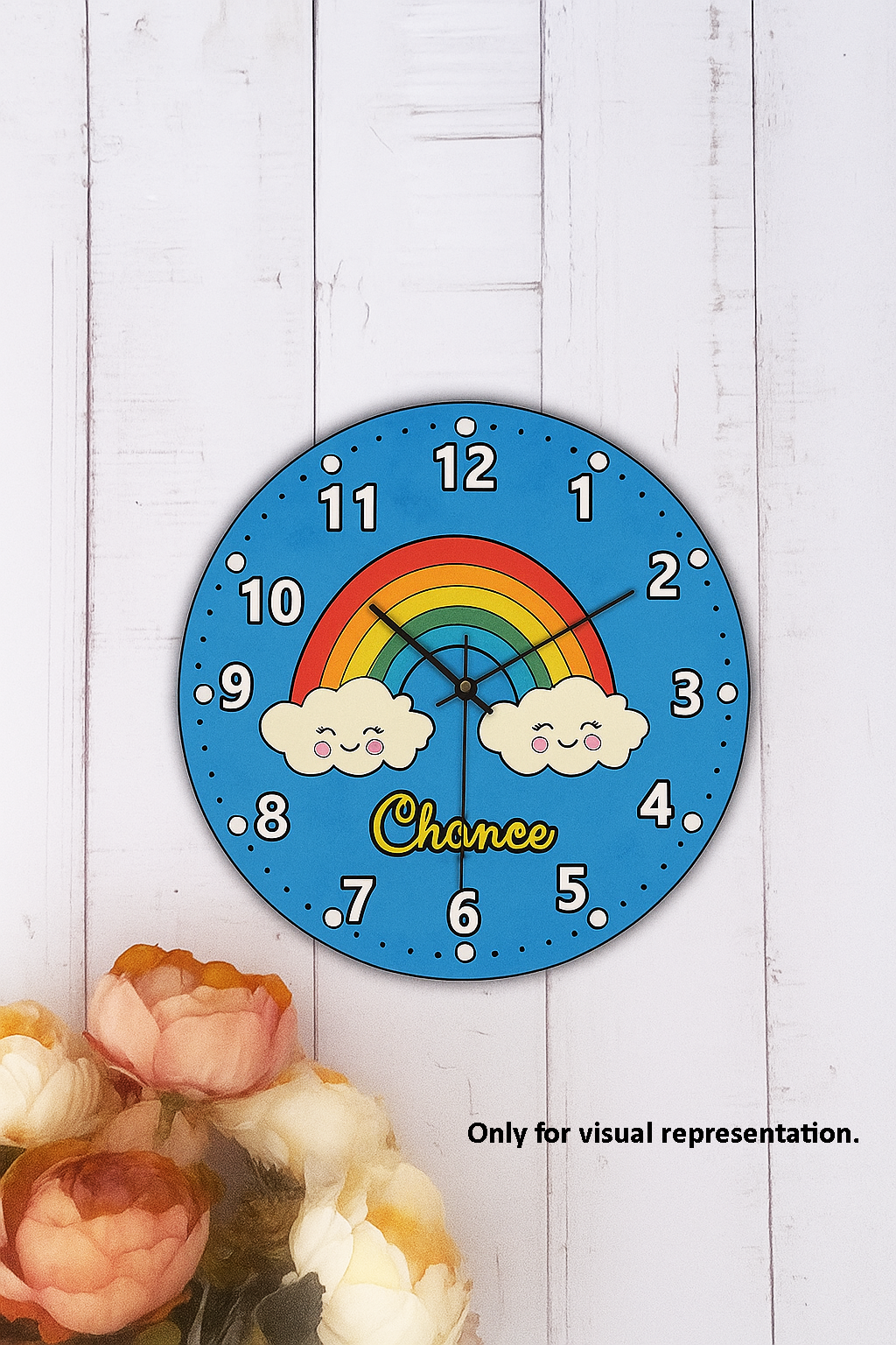 DIY MDF Rainbow Wall Clock with clouds and name engraving for kids to paint