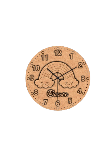 Unfinished MDF rainbow cartoon wall clock base with pre-marked outlines for coloring