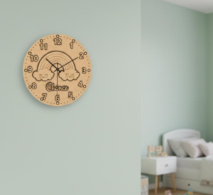 MDF DIY wall clock with rainbow and cloud design on a light green wall.