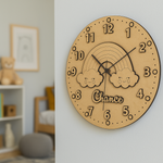 MDF DIY wall clock with rainbow and cloud design, labeled 'Chance', in a room setting.