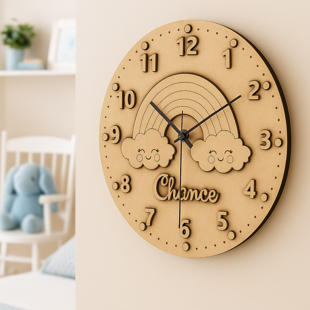 MDF DIY wall clock with rainbow and cloud designs in a nursery setting