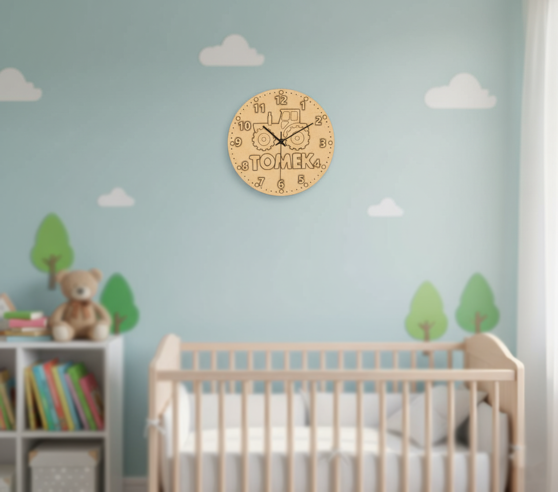 MDF DIY wall clock with 'Tomek' branding in a child's bedroom with crib and toys.