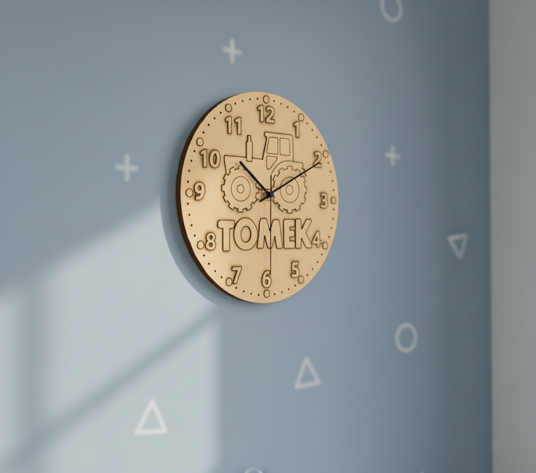 MDF DIY clock with 'Tomek' branding on a gray background
