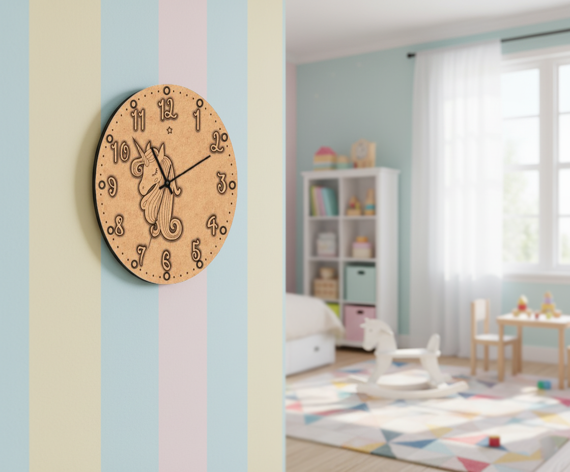 MDF DIY wall clock with animal design on a light blue wall in a child's room.