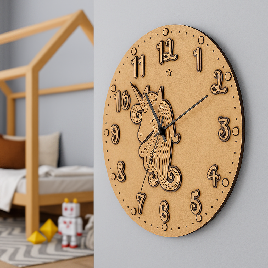 MDF DIY wall clock with unicorn design on a light gray wall, with a child's room in the background.