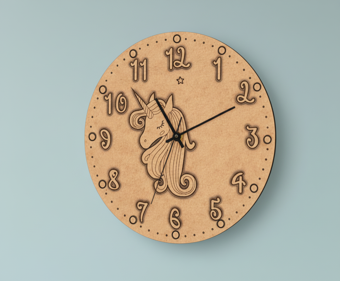 MDF DIY wall clock with unicorn design on a light blue background