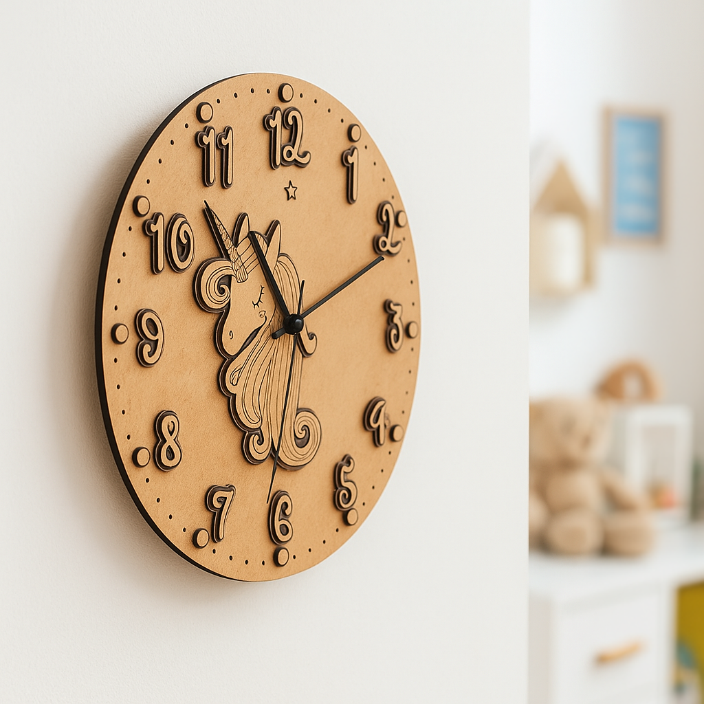 MDF DIY wall clock with decorative design on a white wall