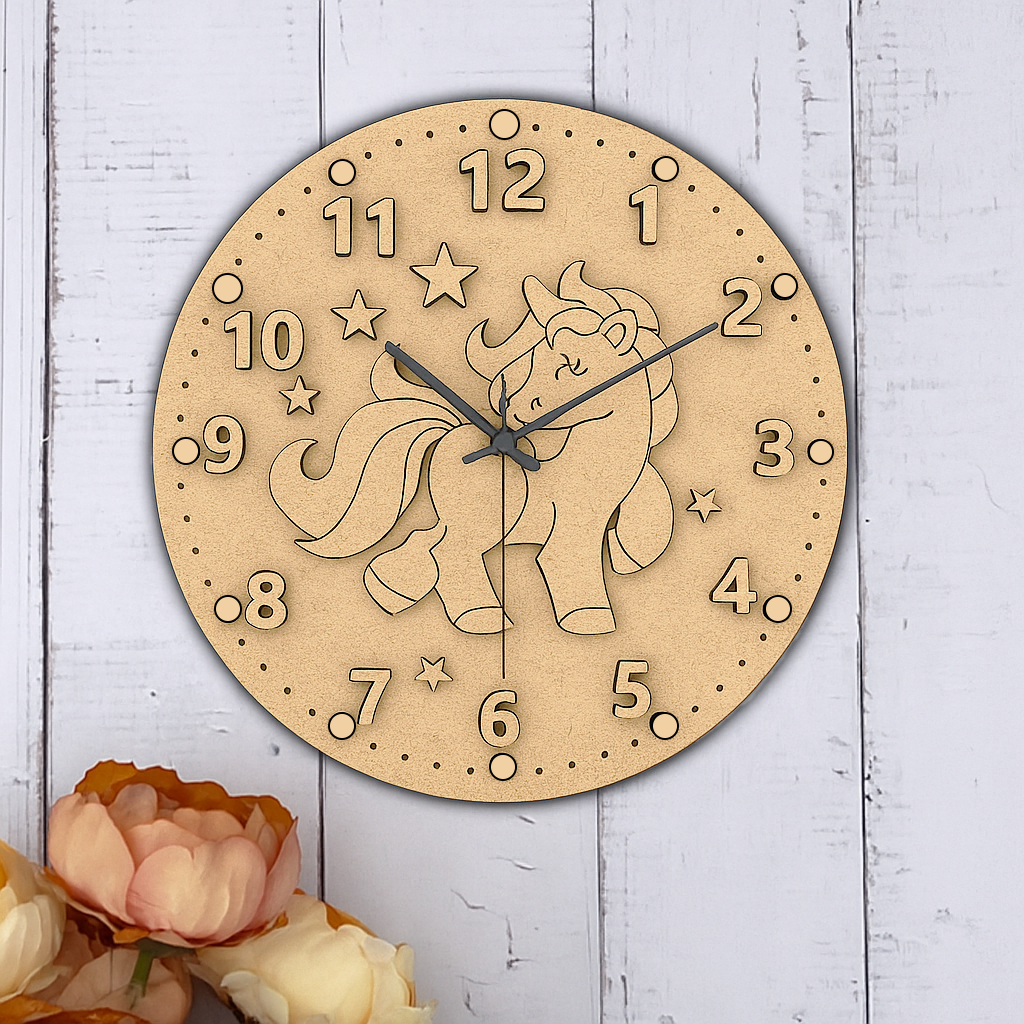 Unicorn-shaped MDF DIY wall clock kit for kids’ room crafting