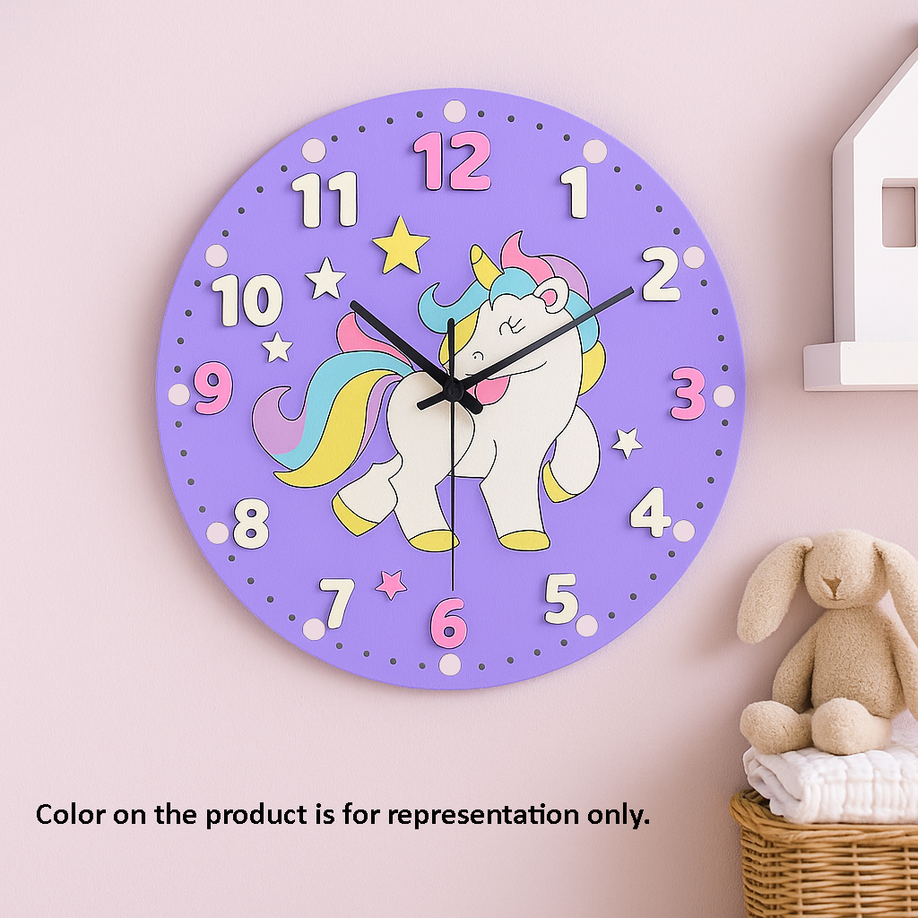Unicorn-shaped MDF DIY wall clock kit for kids’ room crafting with representational colours.
