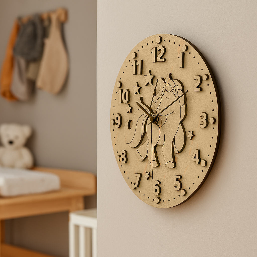 Unicorn-shaped MDF DIY wall clock kit for kids’ room crafting.