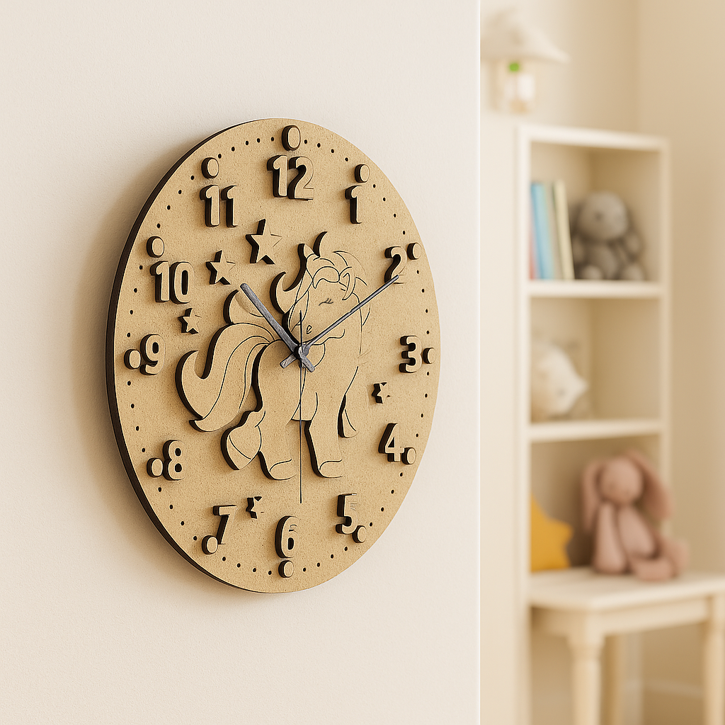Unicorn-shaped MDF DIY wall clock kit for kids’ room crafting.