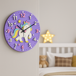 Unicorn-shaped MDF DIY wall clock kit for kids’ room crafting.