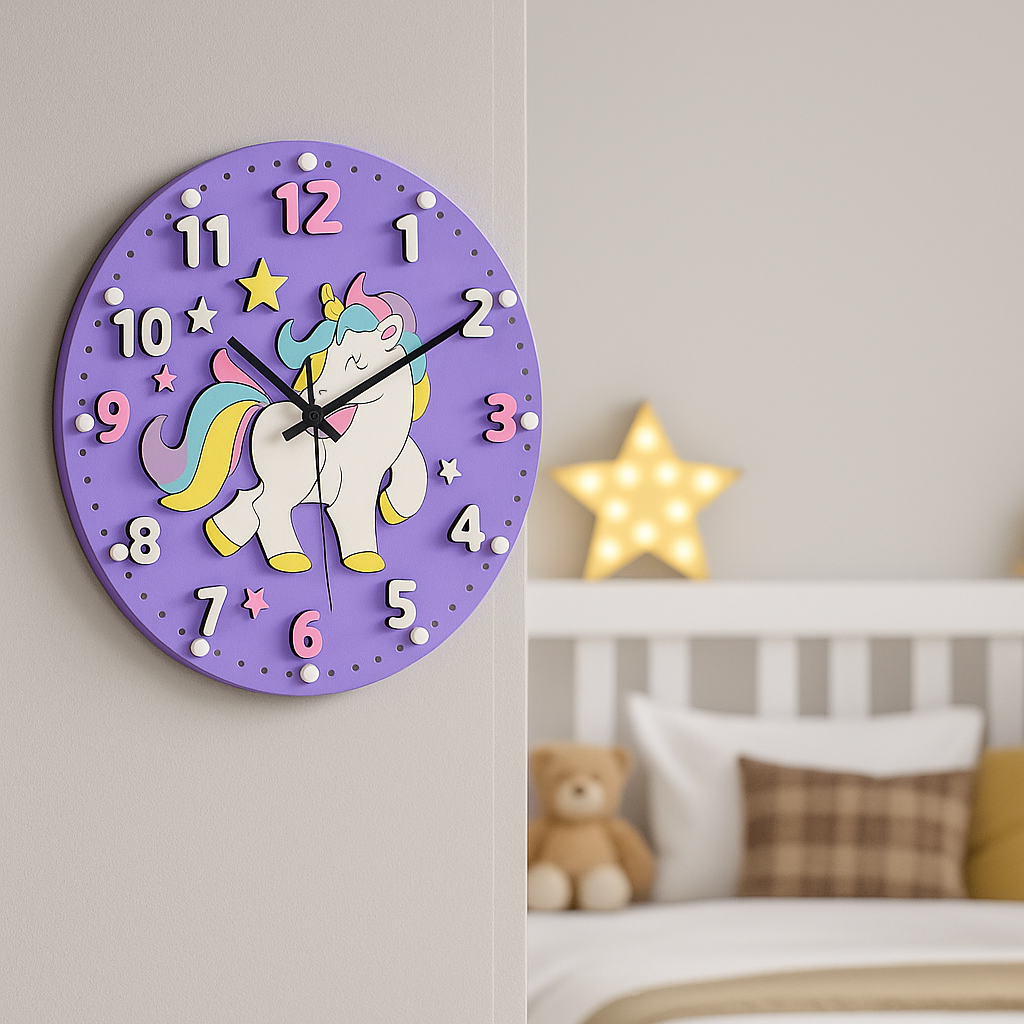 Unicorn-shaped MDF DIY wall clock kit for kids’ room crafting.