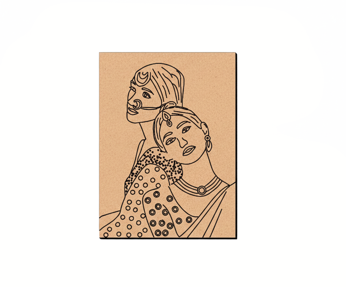 MDF DIY Illustration of two women on a brown card with a white background
