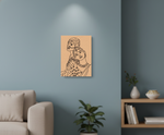 MDF DIY wall art with a two lady illustration on a blue wall above a sofa.