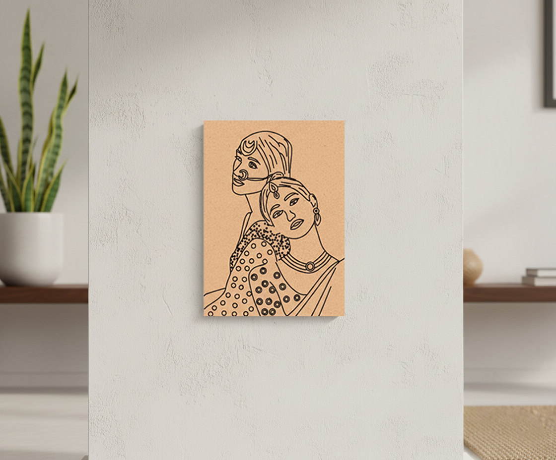 MDF DIY Canvas print of two lady on a wall with a plant and shelves in the background