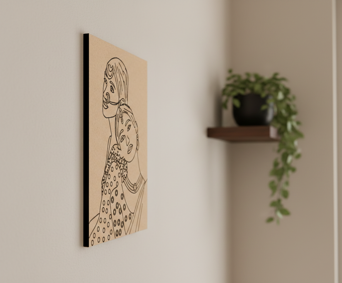 MDF DIY wall art of a woman's profile on a beige wall with a plant in the background
