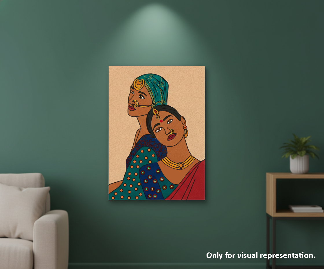 Canvas print of two women in traditional attire on a green wall.