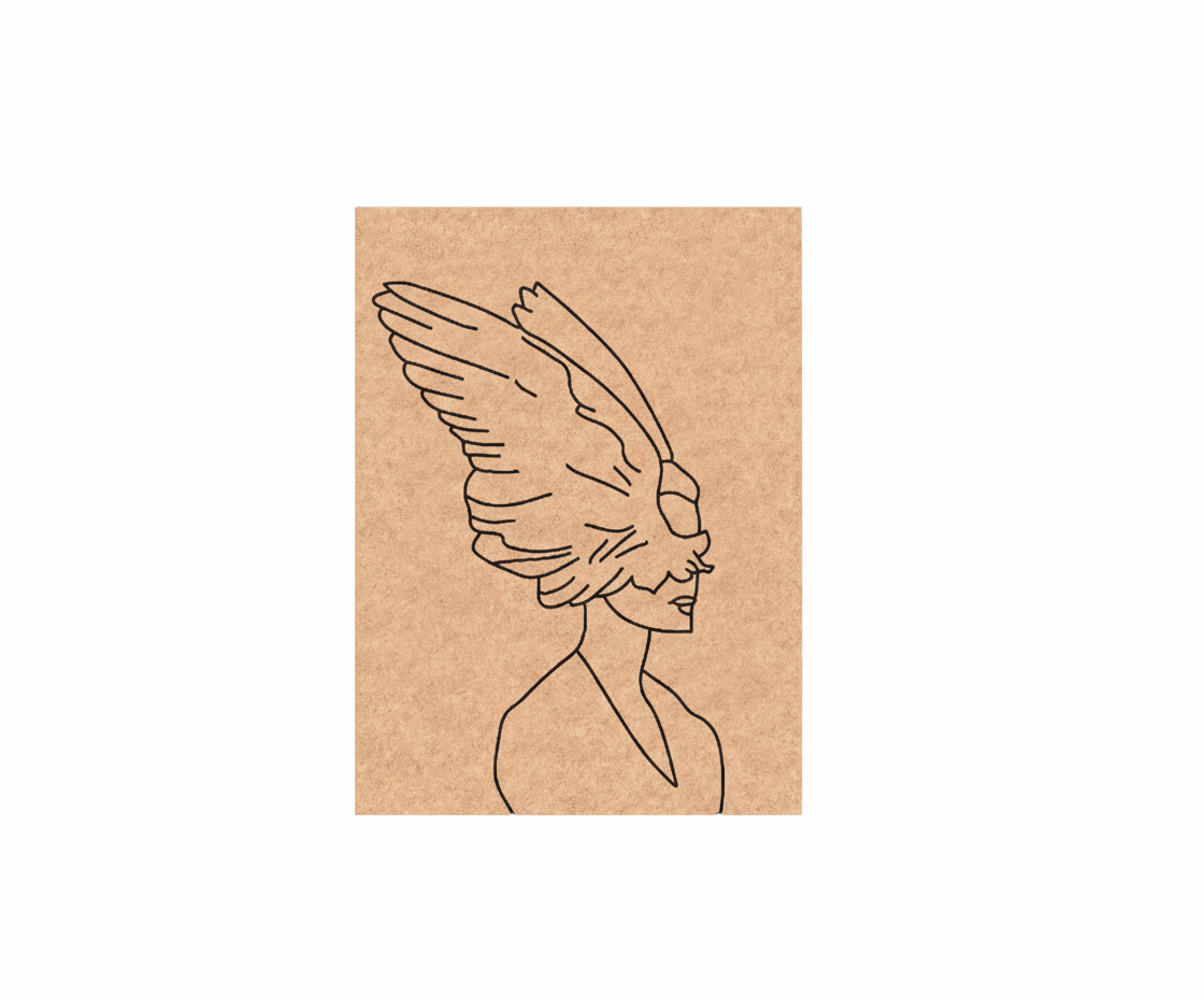 MDF DIY wall art  with a line drawing of a woman's profile and wings on a white background