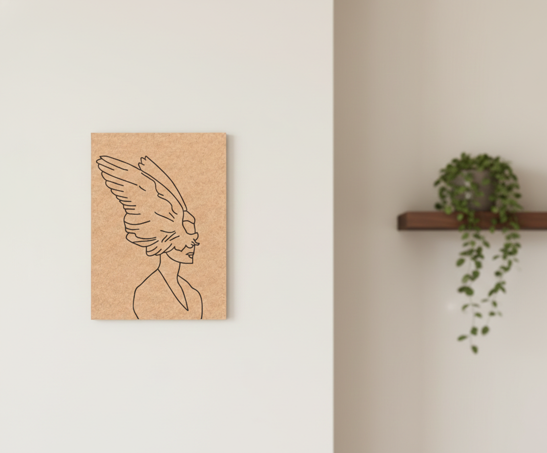 Minimalist line art of a woman with wings on a beige background, next to a plant on a shelf.
