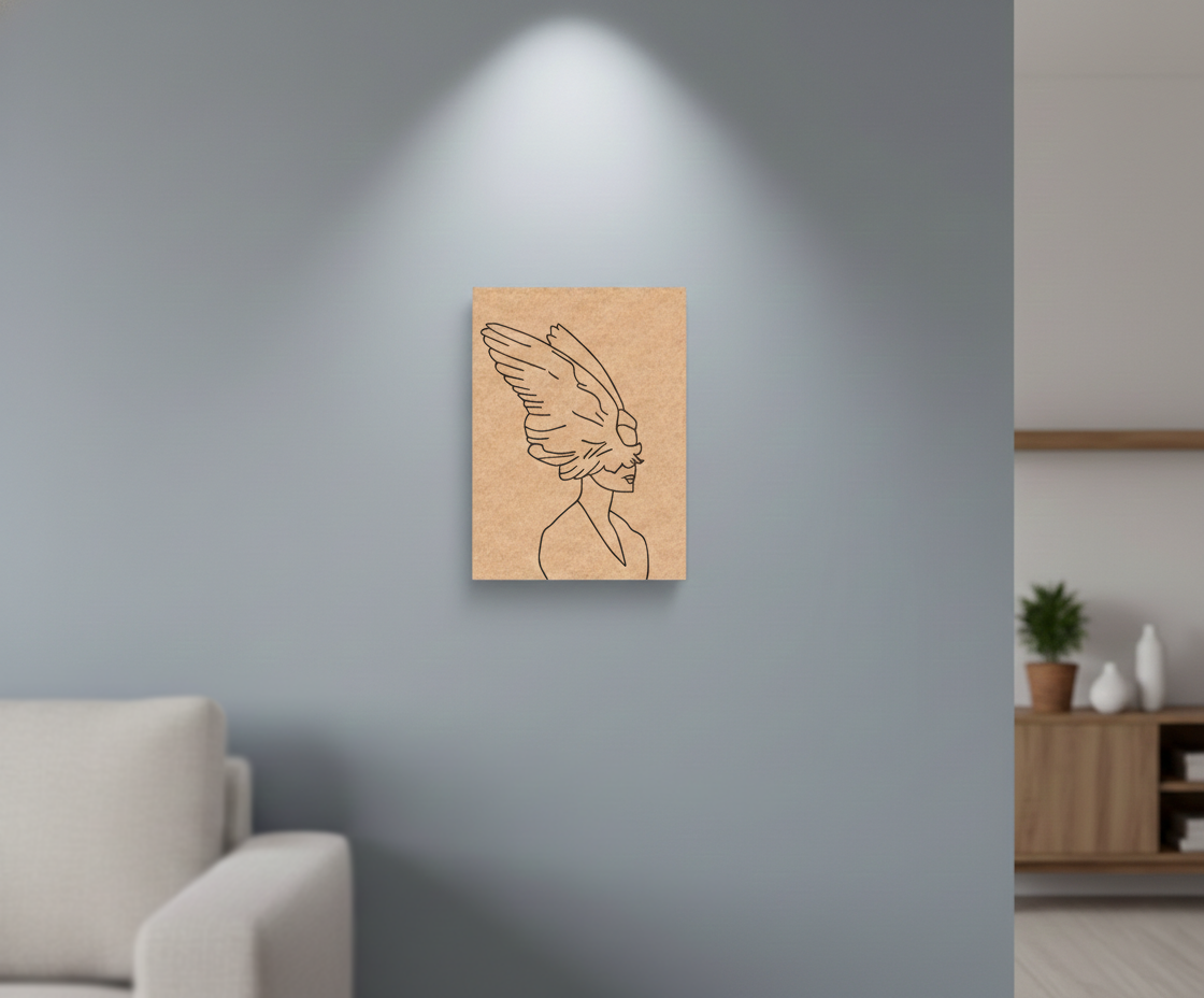 MDF DIY wall art of a woman with wings on a gray wall in a modern living room.