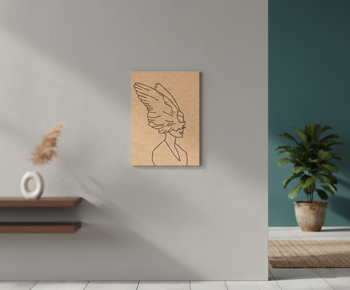 Minimalist line art of a woman with wings on a textured brown background, displayed in a modern interior setting.