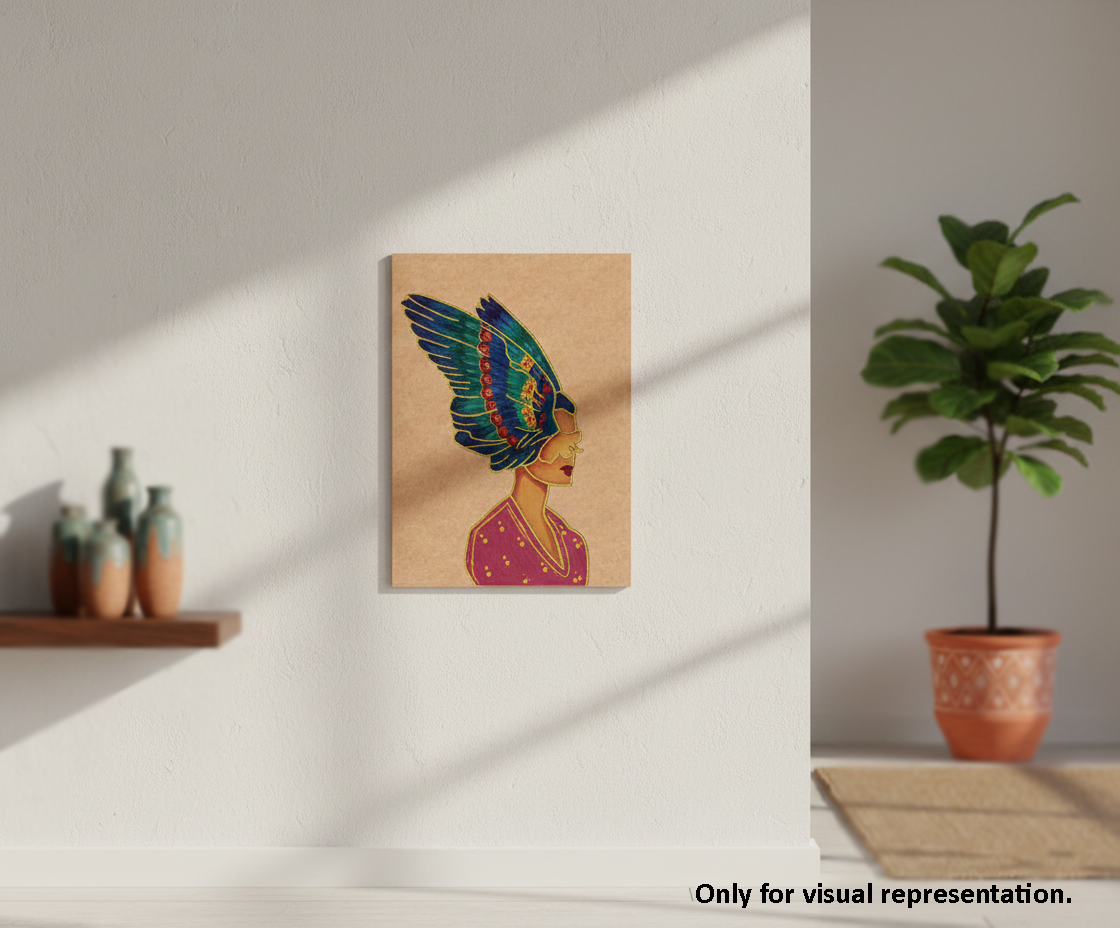 MDF DIY Canvas print of a stylized portrait with a colorful headpiece on a wall in a room with a plant and shelf.
