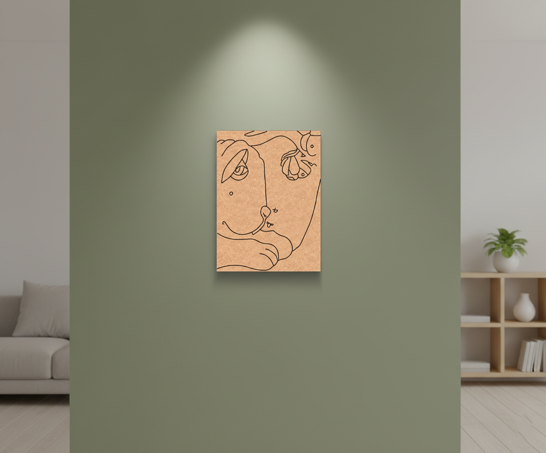 MDF DIY Abstract artwork of a face on a green wall in a modern living room.