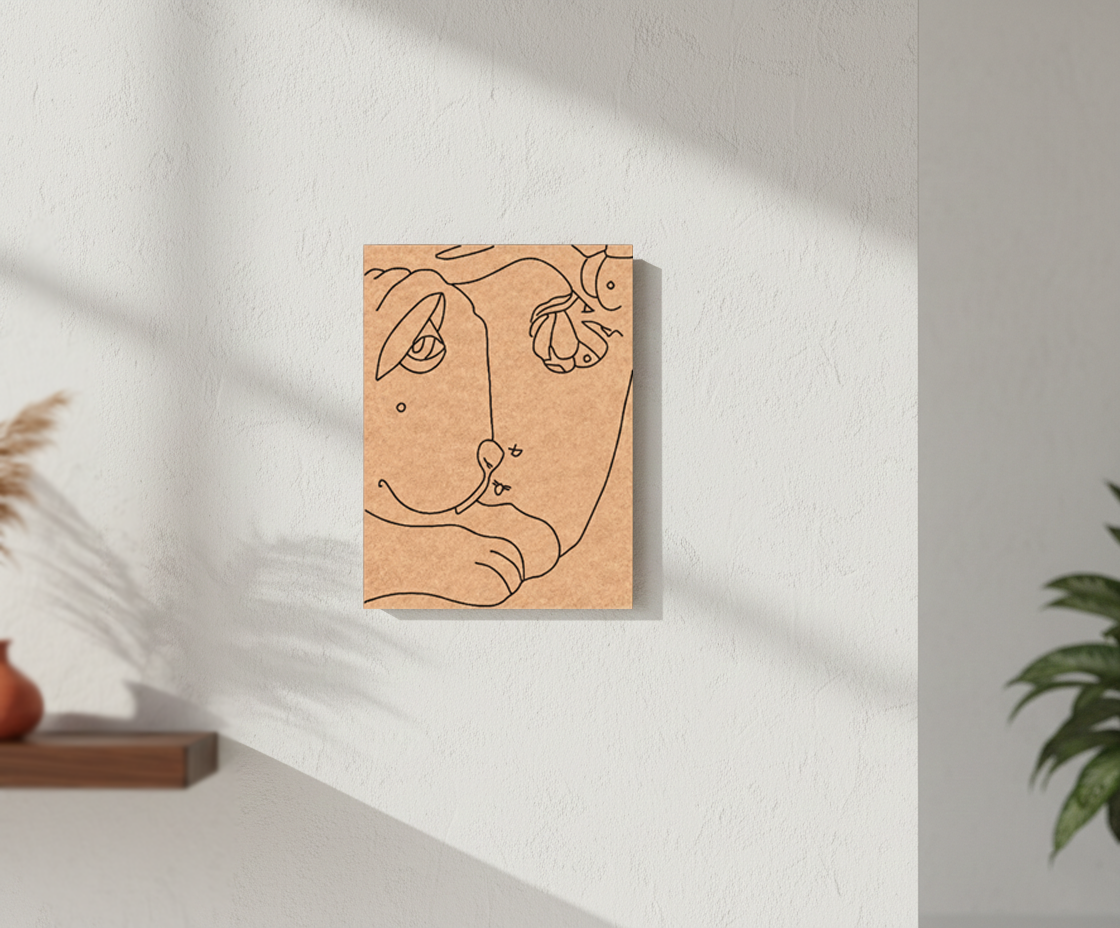 MDF DIY Abstract line art of a face on a wooden panel against a white wall.