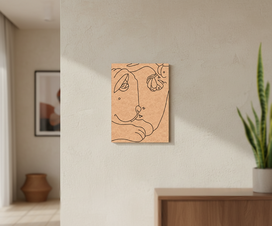 Minimalist line art of a face on a beige wall with a plant and vase in the background