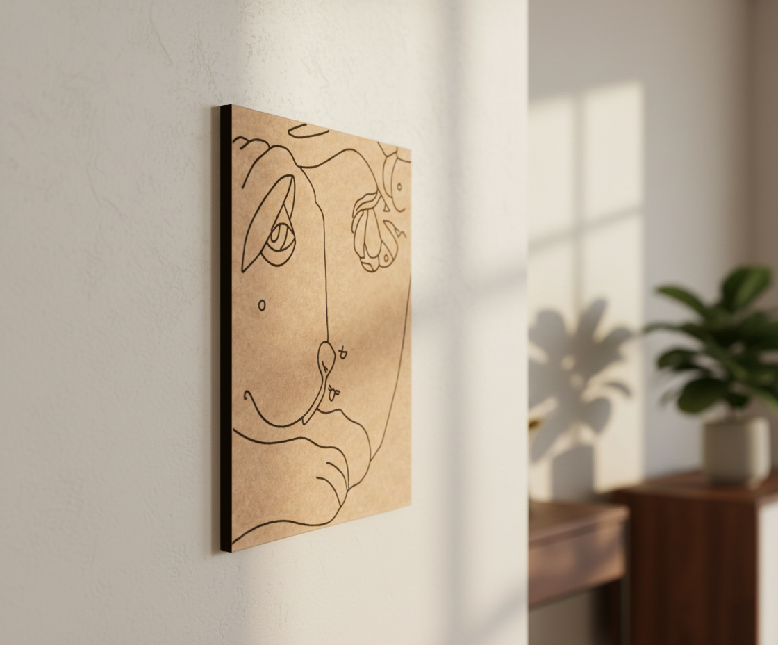 Abstract line art of a face on a wooden panel hanging on a wall with natural light.