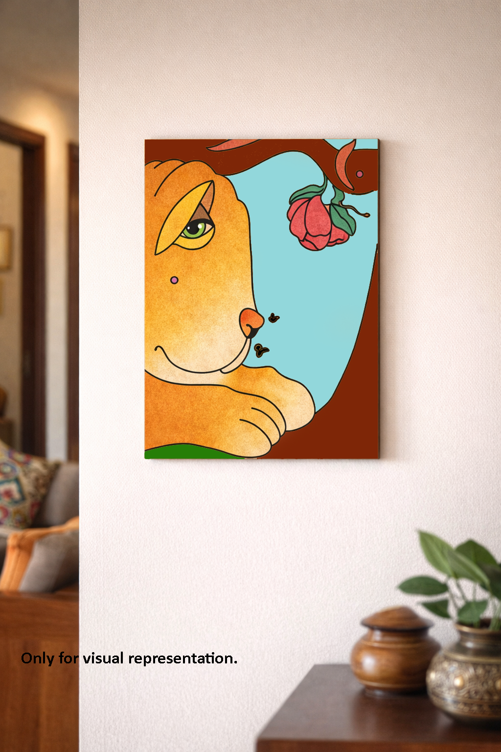 MDF DIY Cartoonish painting of a cat with a rose on a wall