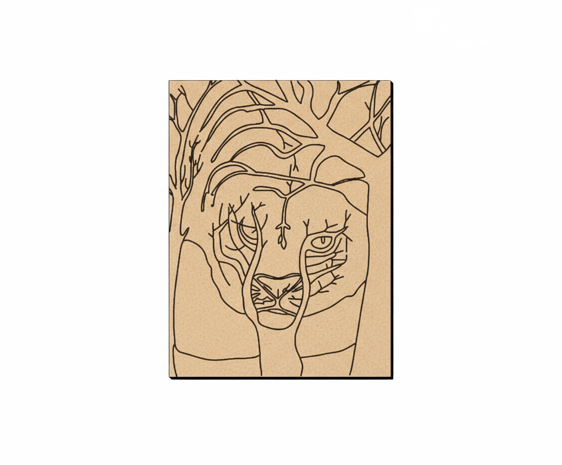 MDF DIY  wall art of a tiger's face with leaves on a white background