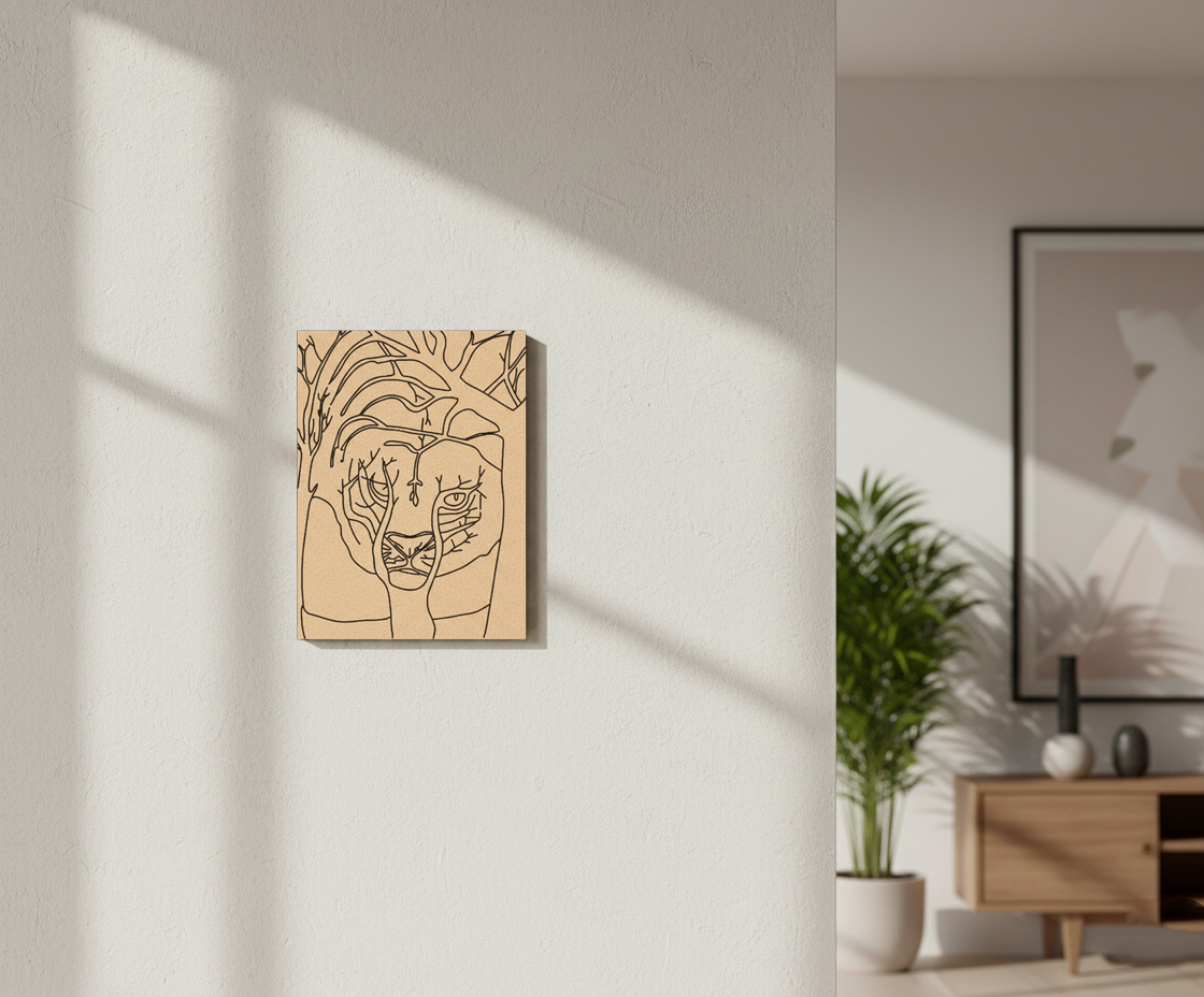 MDF DIY wall art of a tiger on a white wall with a plant and cabinet in the background.