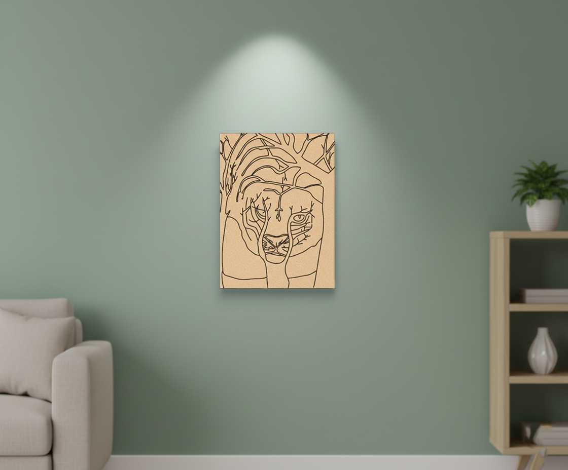 MDF DIY wall art of a lion's face on a green wall in a living room.