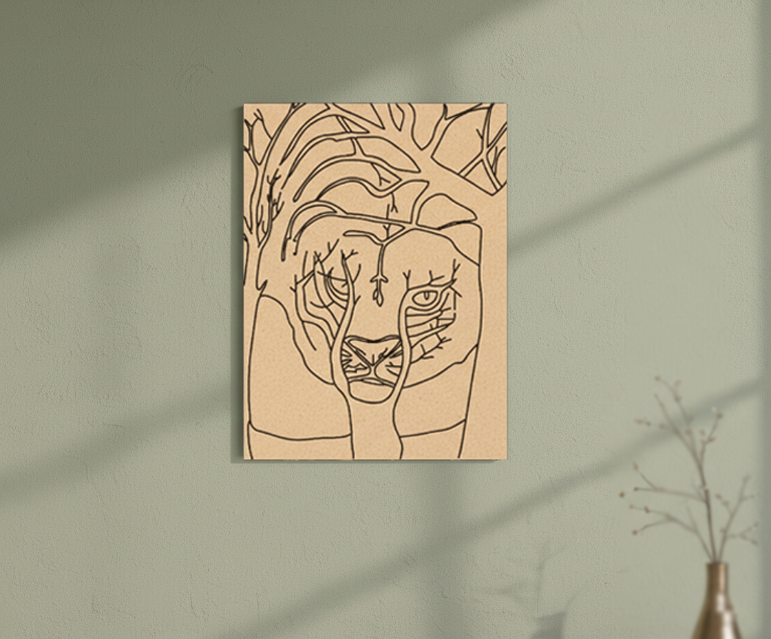 MDF DIY wall art with a line drawing of a face on a beige background