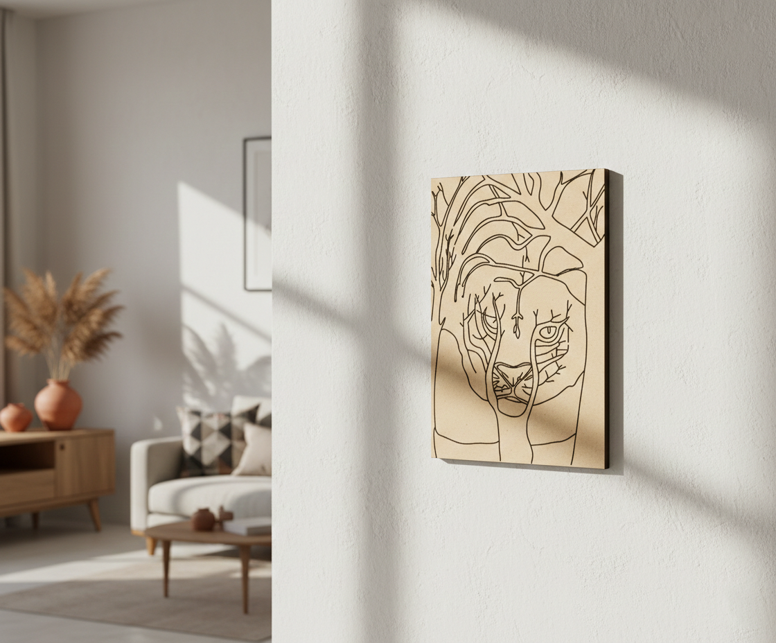 Abstract art piece on a wall in a modern living room