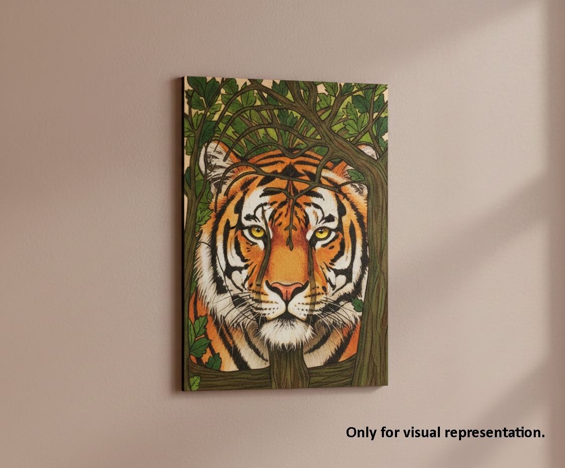 MDF DIY Canvas print of a tiger's face with a naturalistic border on a wall.
