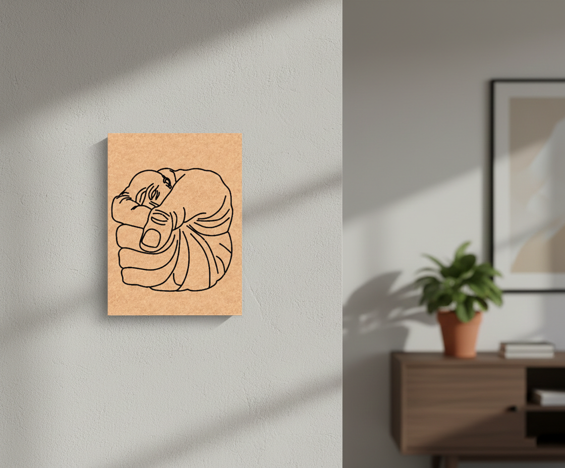 Minimalist line art of a man on a wooden panel against a light gray wall.