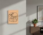 Minimalist line art of a man on a wooden panel against a light gray wall.