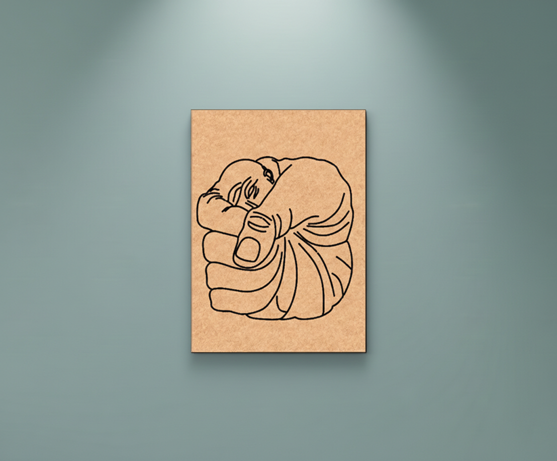 MDF DIY wall art with a line drawing of a man on a gray background