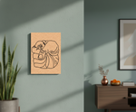 MDF DIY wall art with abstract design on a light green wall, next to a wooden side table with decorative items.