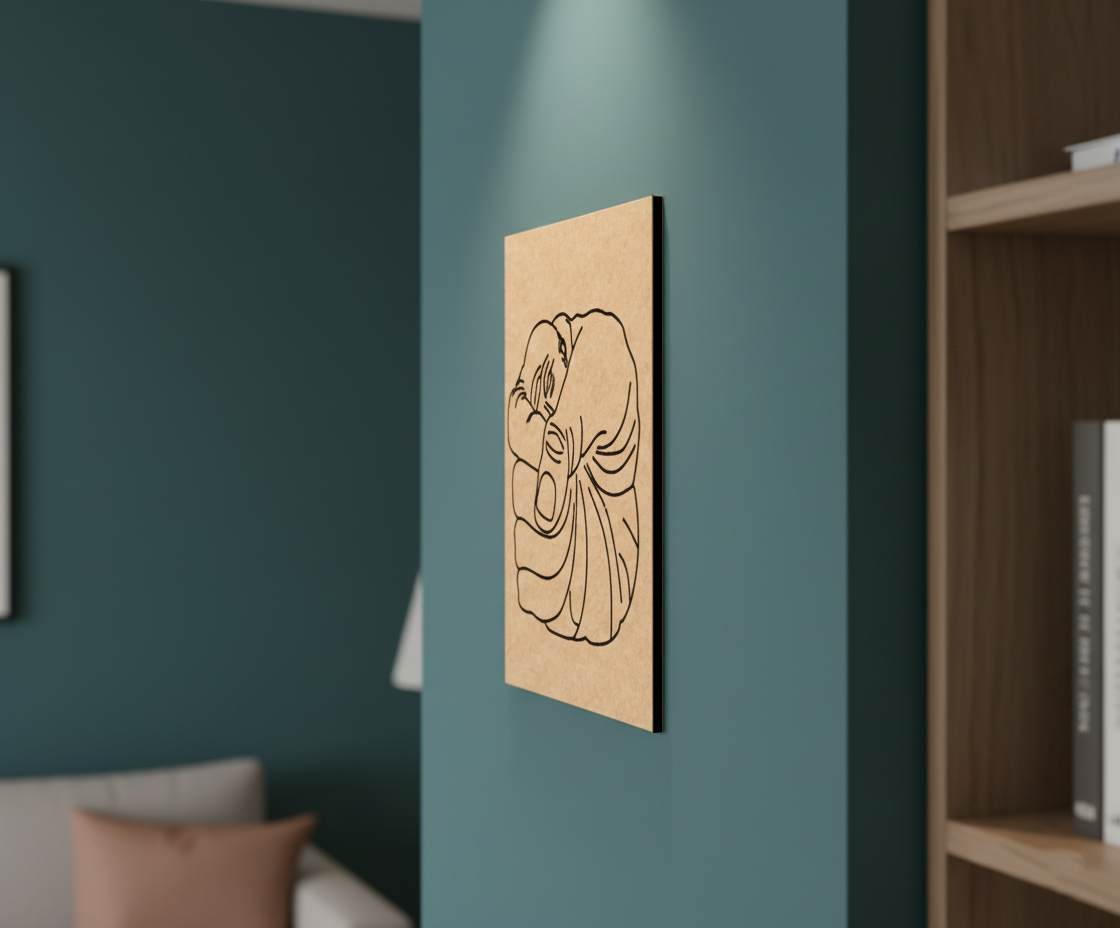 MDF DIY wall art of a face on a teal wall next to a bookshelf.