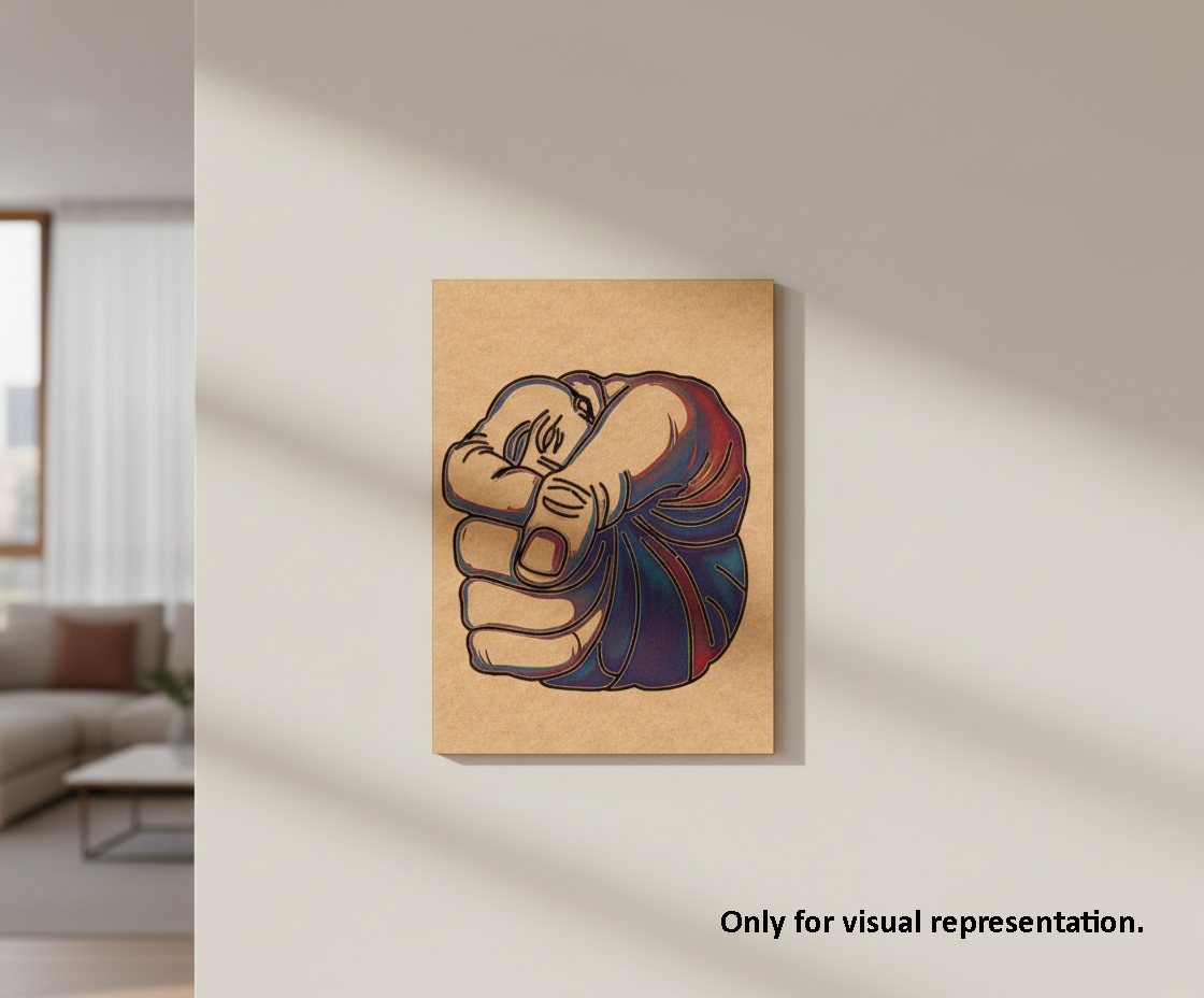 MDF DIY Abstract art piece on a beige wall in a modern living room.