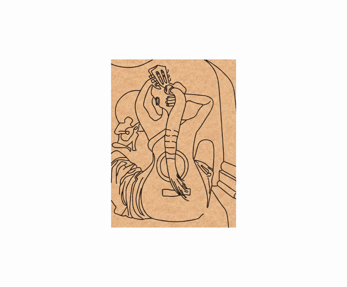 MDF DIY wall art with a line drawing of a person holding a guitar  on a white background