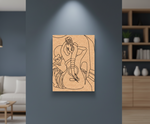 Abstract line art of a woman playing guitar on a wooden panel in a modern living room.