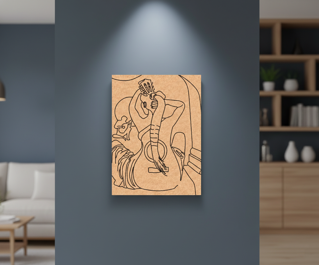 Abstract line art of a woman playing guitar on a wooden panel in a modern living room.