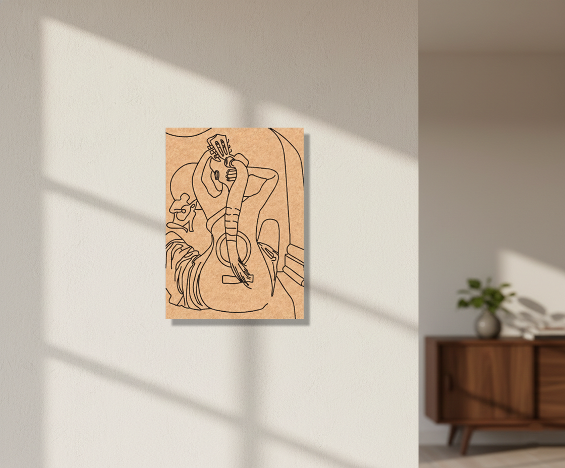 MDF DIY wall art of a stylized figure playing a guitar on a light-colored wall.