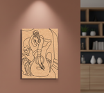 Abstract line art of a woman with a bird on a wooden panel against a brown wall.